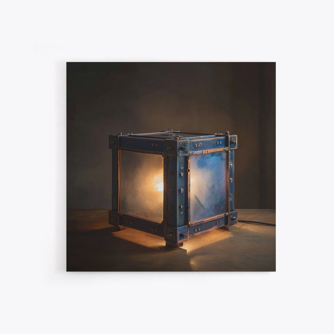 Industrial Lamp with Warm Glow Framed Canvas Print, Industrial Art, Metal Art, Living Room Decor, Foundry, Gallery Decor, IND-1x1-47