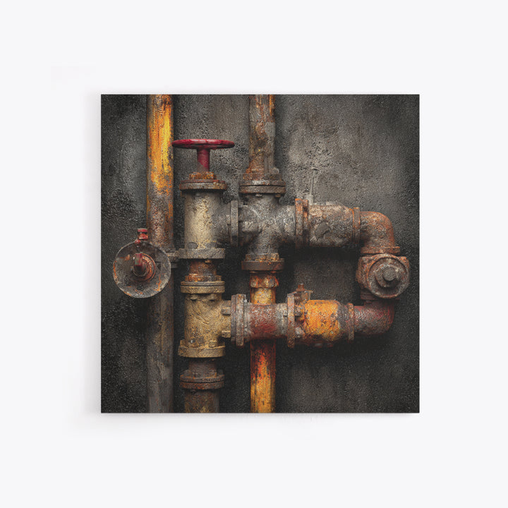Metal Pipes and Valves as Graphic Composition Framed Canvas Print, Industrial Art, Wall Hanging, Living Room Decor, Foundry, IND-1x1-56