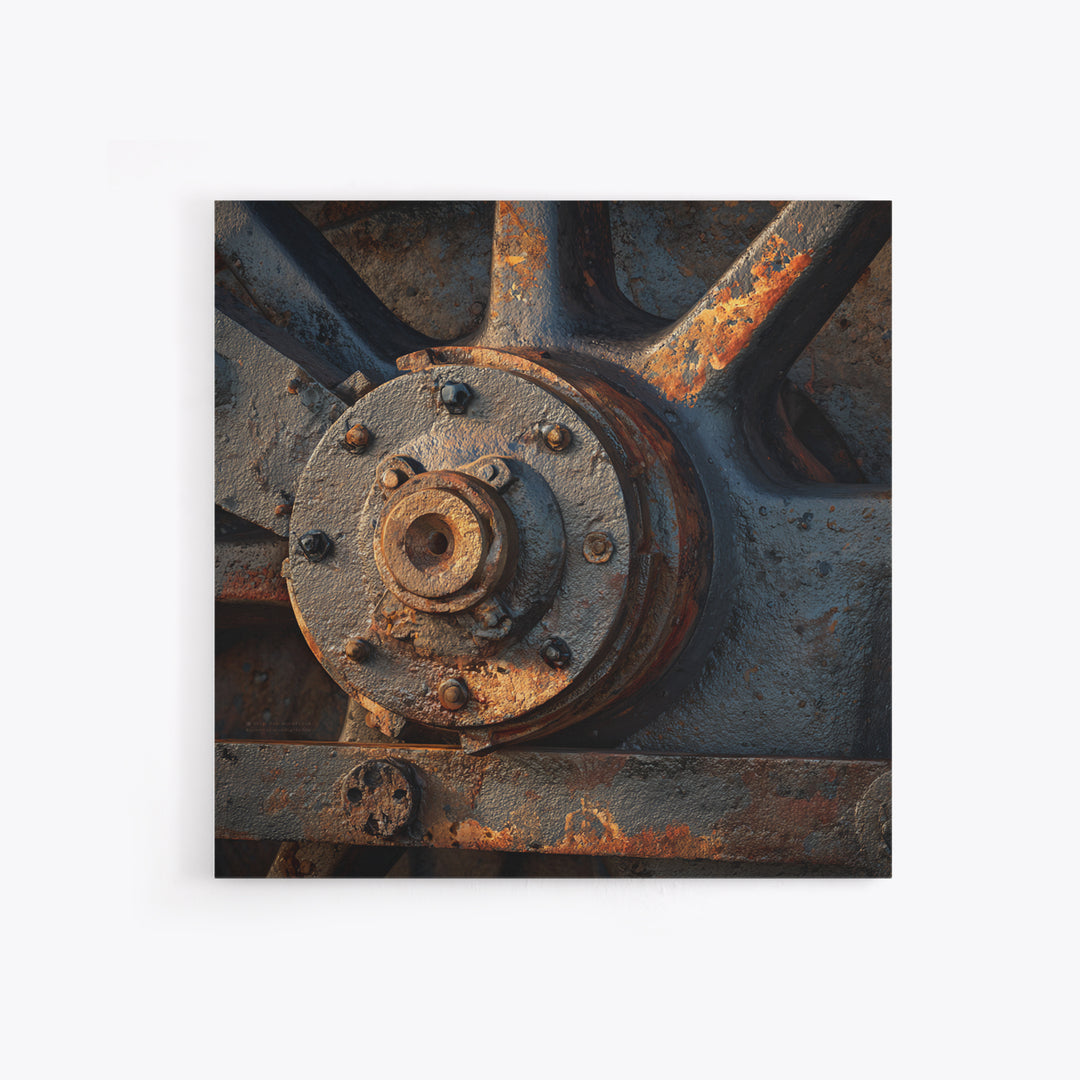 Steam Locomotive Wheel Closeup Framed Canvas Print, Industrial Art, Living Room Decor, Watercolor Art, Foundry, IND-1x1-6