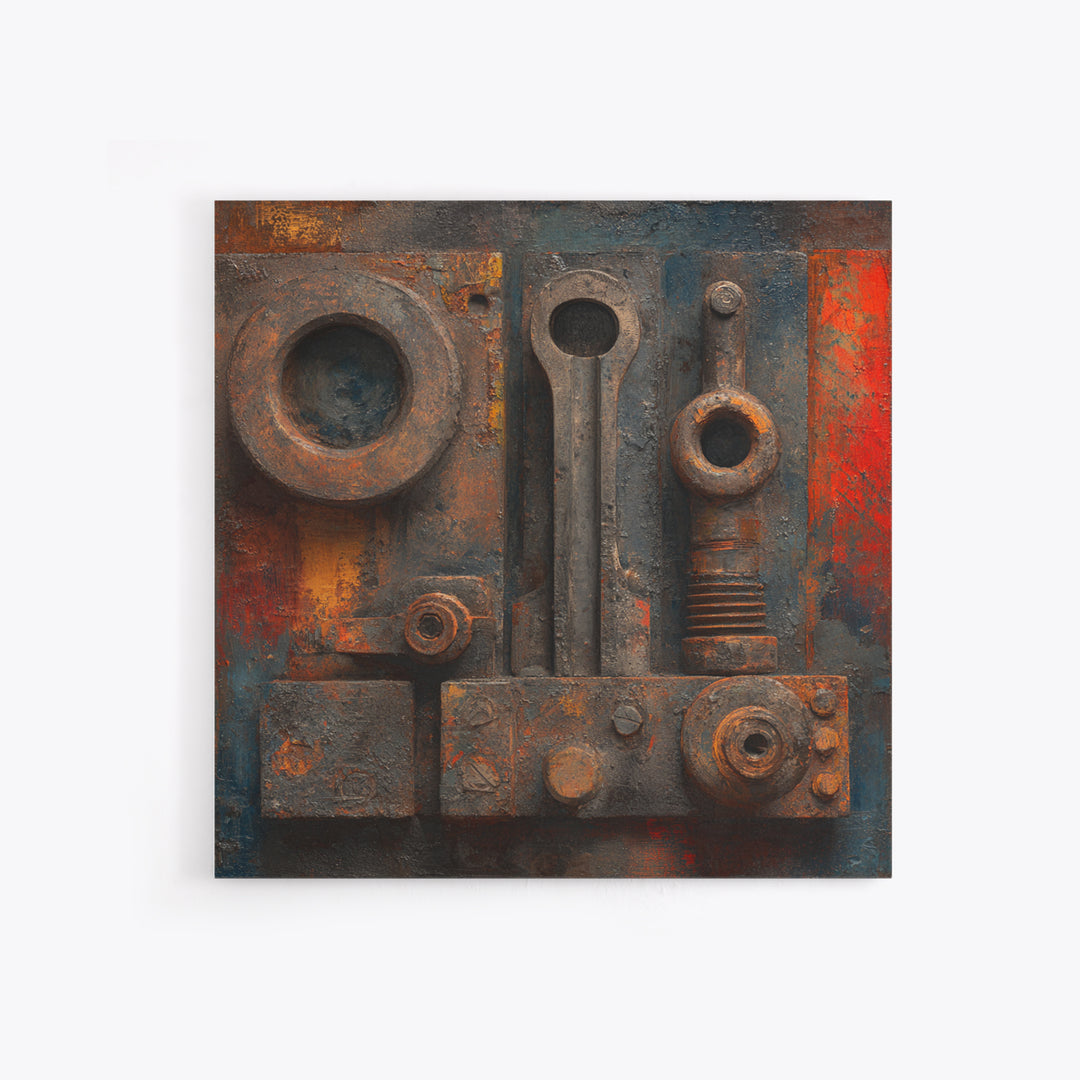 Brass Gauge and Machinery Still Life Framed Canvas Print, Industrial Art, Minimalist Decor, Living Room Decor, Oil Painting, IND-1x1-61
