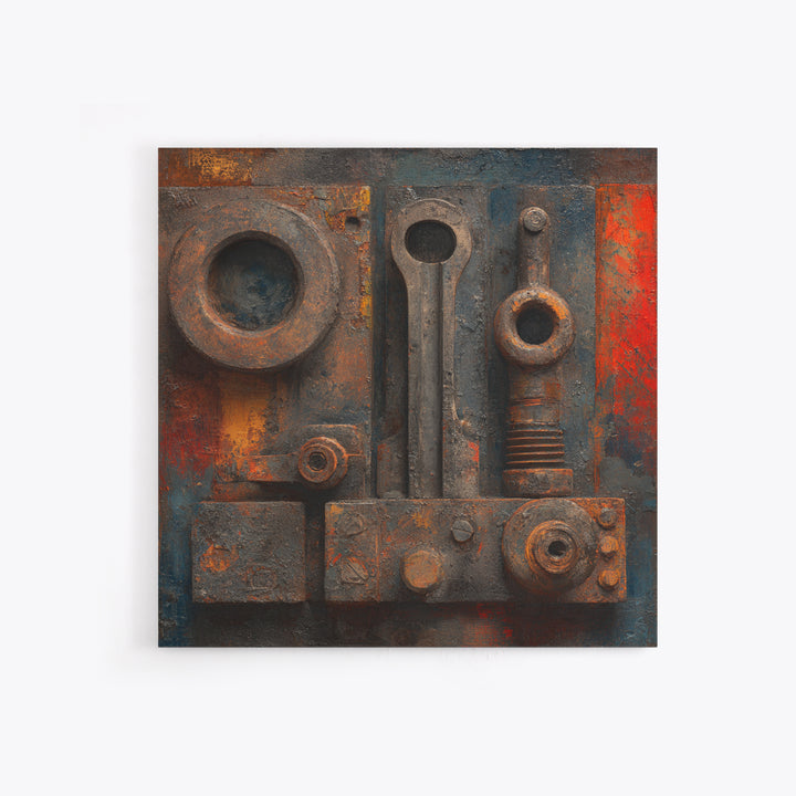 Brass Gauge and Machinery Still Life Framed Canvas Print, Industrial Art, Minimalist Decor, Living Room Decor, Oil Painting, IND-1x1-61