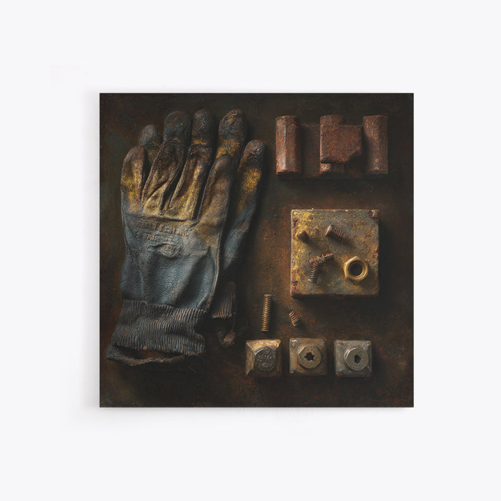 Worn Work Gloves and Bolts Arrangement Framed Canvas Print, Industrial Art, Texas Art, Living Room Decor, Abstract Art, Foundry, IND-1x1-66