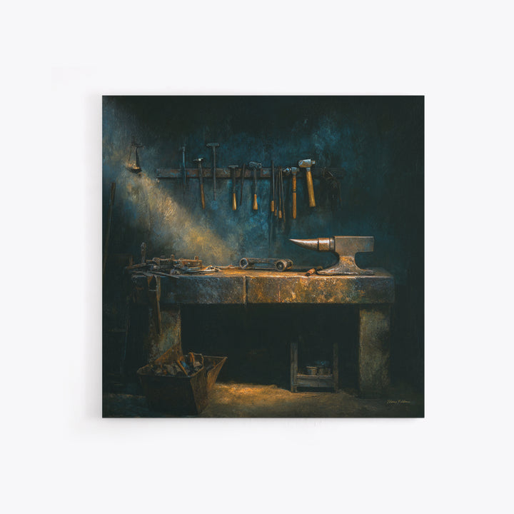 Blacksmith Tools on Dark Workbench Canvas Print, Industrial Art, Textured Painting, Living Room Decor, Oil Painting, Foundry, IND-1x1-82