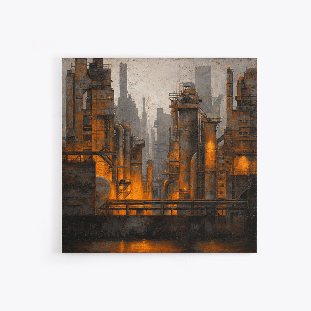 Industrial City Skyline Framed Canvas Print, Industrial Art, Bauhaus Poster, Living Room Decor, Fine Art, Foundry, IND-1x1-84