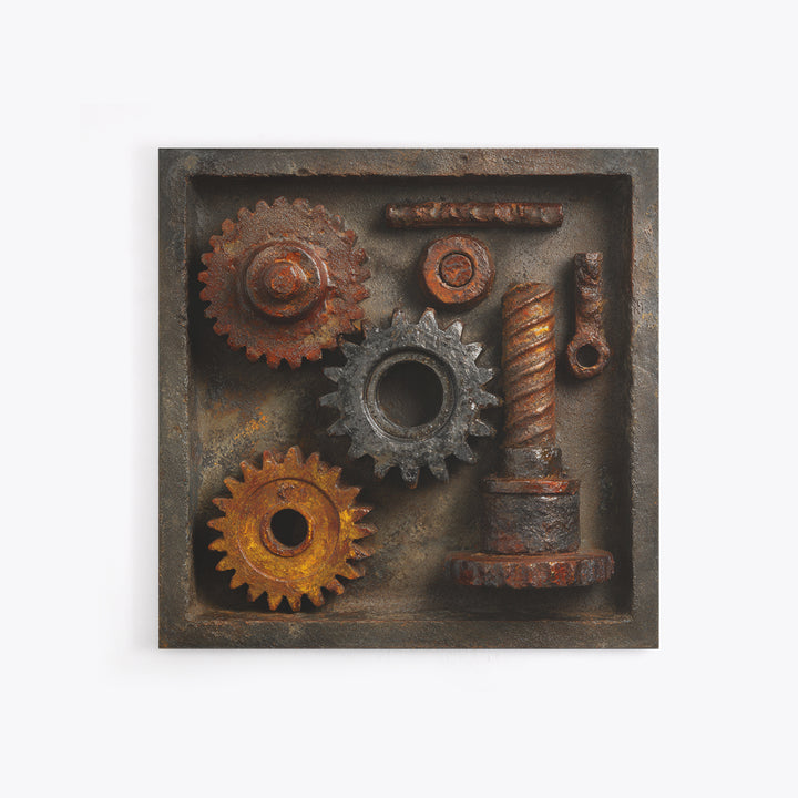 Rusted Gears Arranged as Sculptural Still Life Canvas Print, Industrial Art, Abstract Art, Living Room Decor, Oil Painting, IND-1x1-97