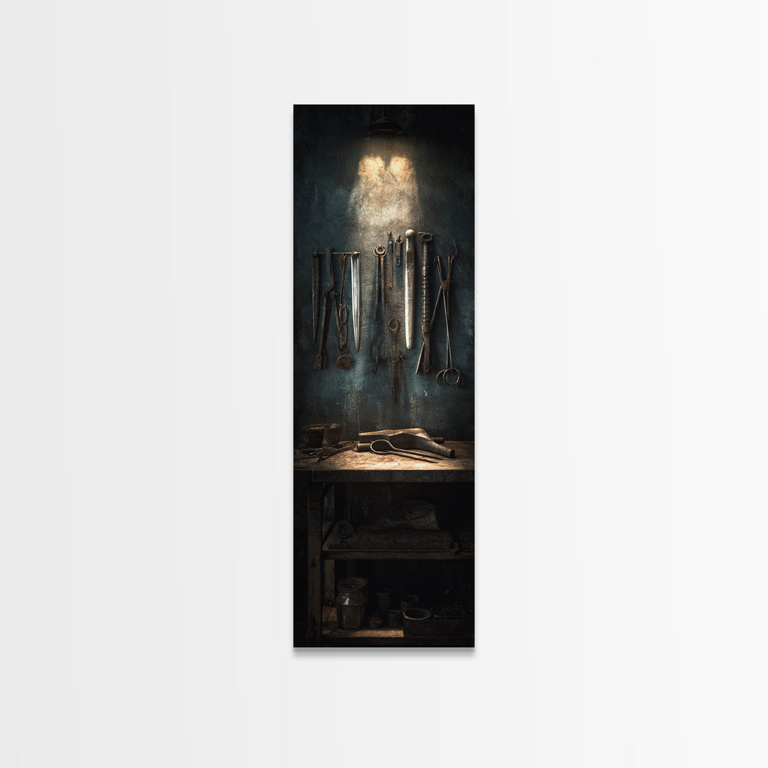 Blacksmith Tools on Dark Workbench Framed Canvas Print, Industrial Art, Luxury Decor, Living Room Decor, Fine Art, Foundry, IND-1x3-70