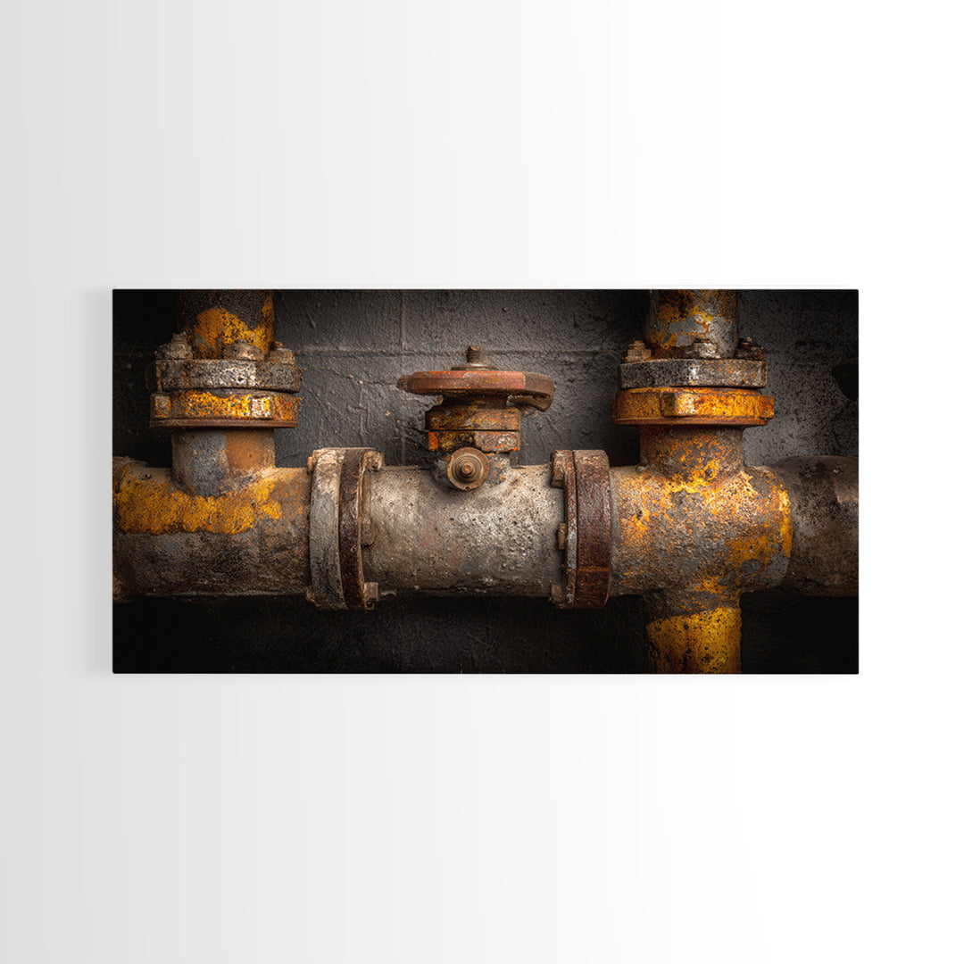 Metal Pipes and Valves as Graphic Composition Framed Canvas Print, Industrial Art, Living Room Art, Living Room Decor, Foundry, IND-2x1-100