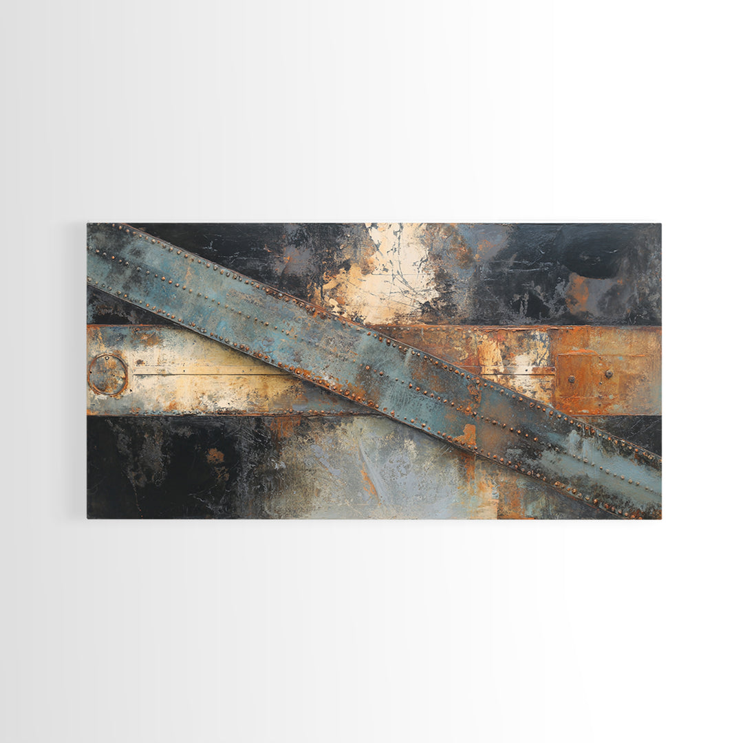 Steel Beams Crossing Like Abstract Lines Framed Canvas Print, Industrial Art, Wall Hanging, Living Room Decor, Abstract Art, IND-2x1-13