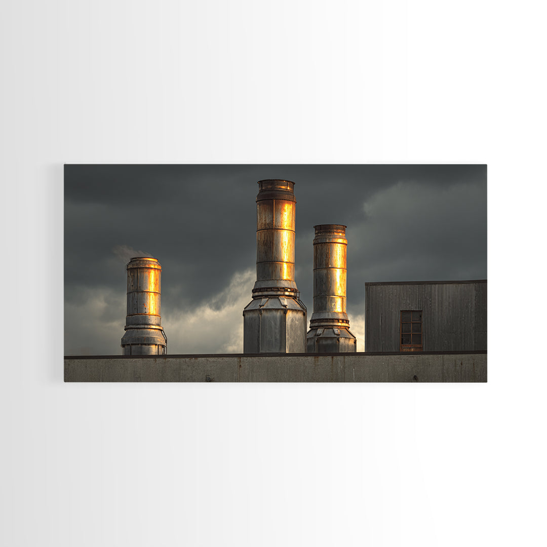 Factory Smokestacks with Moody Sky Canvas Print, Industrial Art, Abstract Art, Living Room Decor, Foundry, Bauhaus Poster, IND-2x1-31