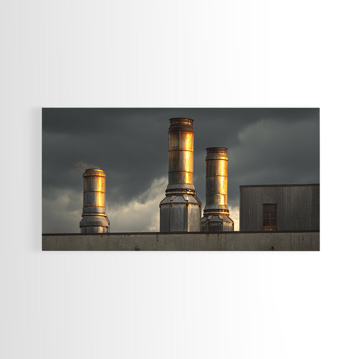 Factory Smokestacks with Moody Sky Canvas Print, Industrial Art, Abstract Art, Living Room Decor, Foundry, Bauhaus Poster, IND-2x1-31