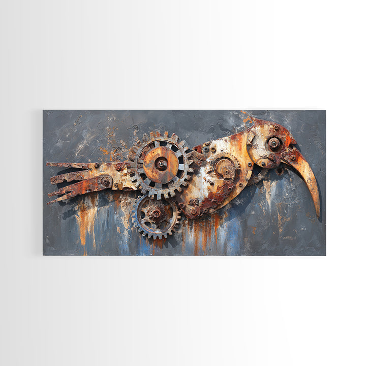 Mechanical Bird Made from Gears Canvas Print, Industrial Art, Original Painting, Living Room Decor, Oil Painting, Foundry, IND-2x1-39