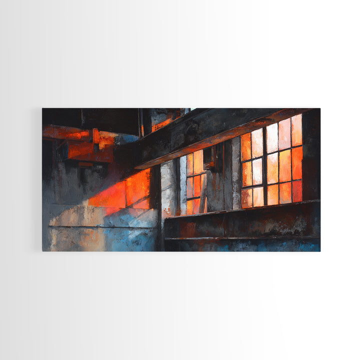 Old Factory Window Framed Canvas Print, Industrial Art, Art Prints, Living Room Decor, Fine Art, Foundry, Abstract Painting, IND-2x1-46