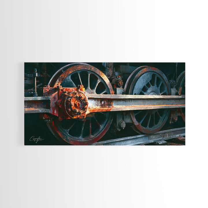 Steam Locomotive Wheel Closeup Framed Canvas Print, Industrial Art, Art Print, Living Room Decor, Fine Art, Foundry, Modern Art, IND-2x1-50