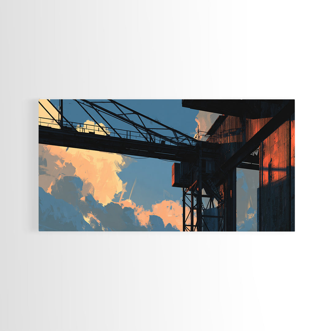 Warehouse Crane Silhouette Framed Canvas Print, Industrial Art, Metal Art, Living Room Decor, Watercolor Art, Foundry, IND-2x1-51