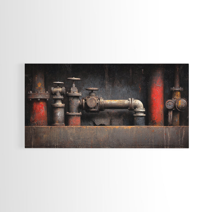Metal Pipes and Valves as Graphic Composition Canvas Print, Industrial Art, Digital Prints, Living Room Decor, Foundry, IND-2x1-52