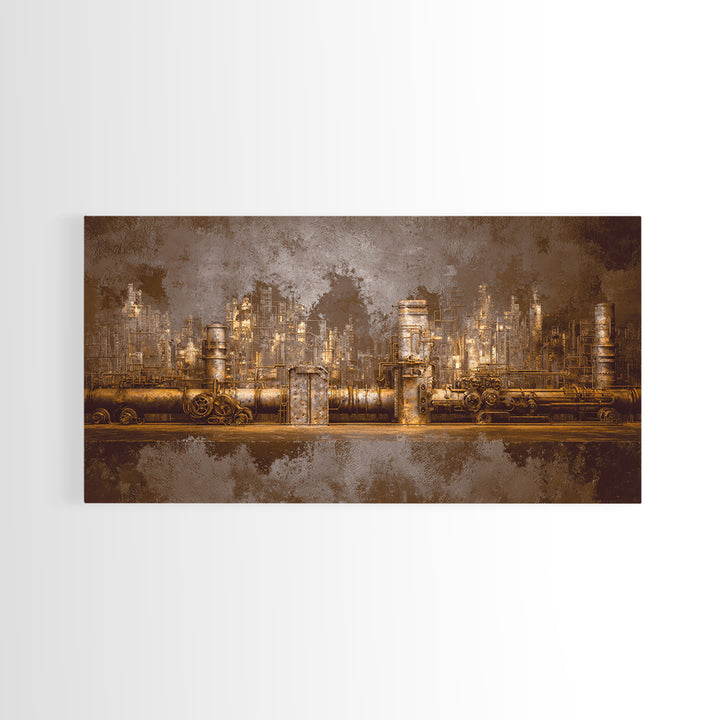 Industrial City Skyline Framed Canvas Print, Industrial Art, Living Room Decor, Abstract Art, Foundry, Abstract Painting, IND-2x1-56