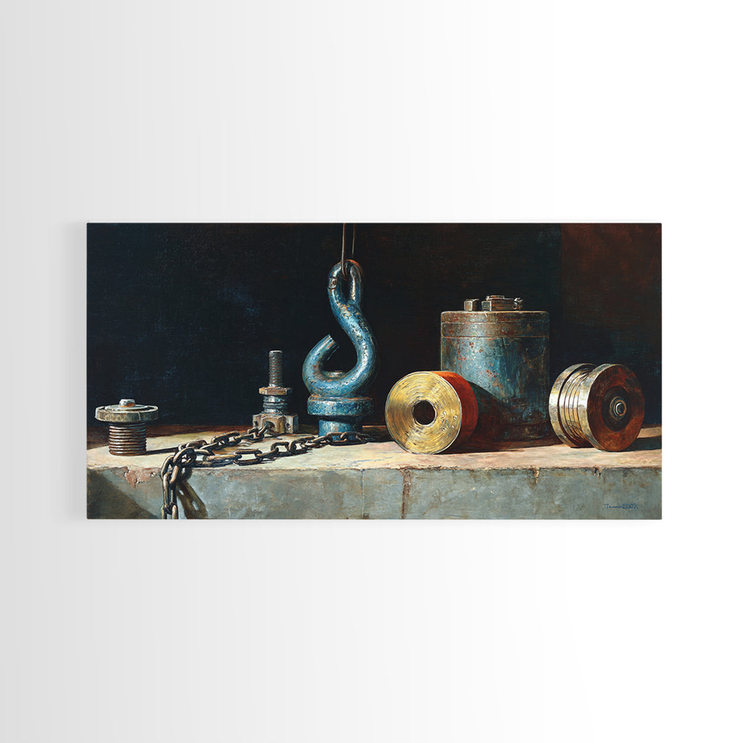 Chain and Hook Still Life Framed Canvas Print, Industrial Art, Art Print, Living Room Decor, Oil Painting, Foundry, Modern Art, IND-2x1-60