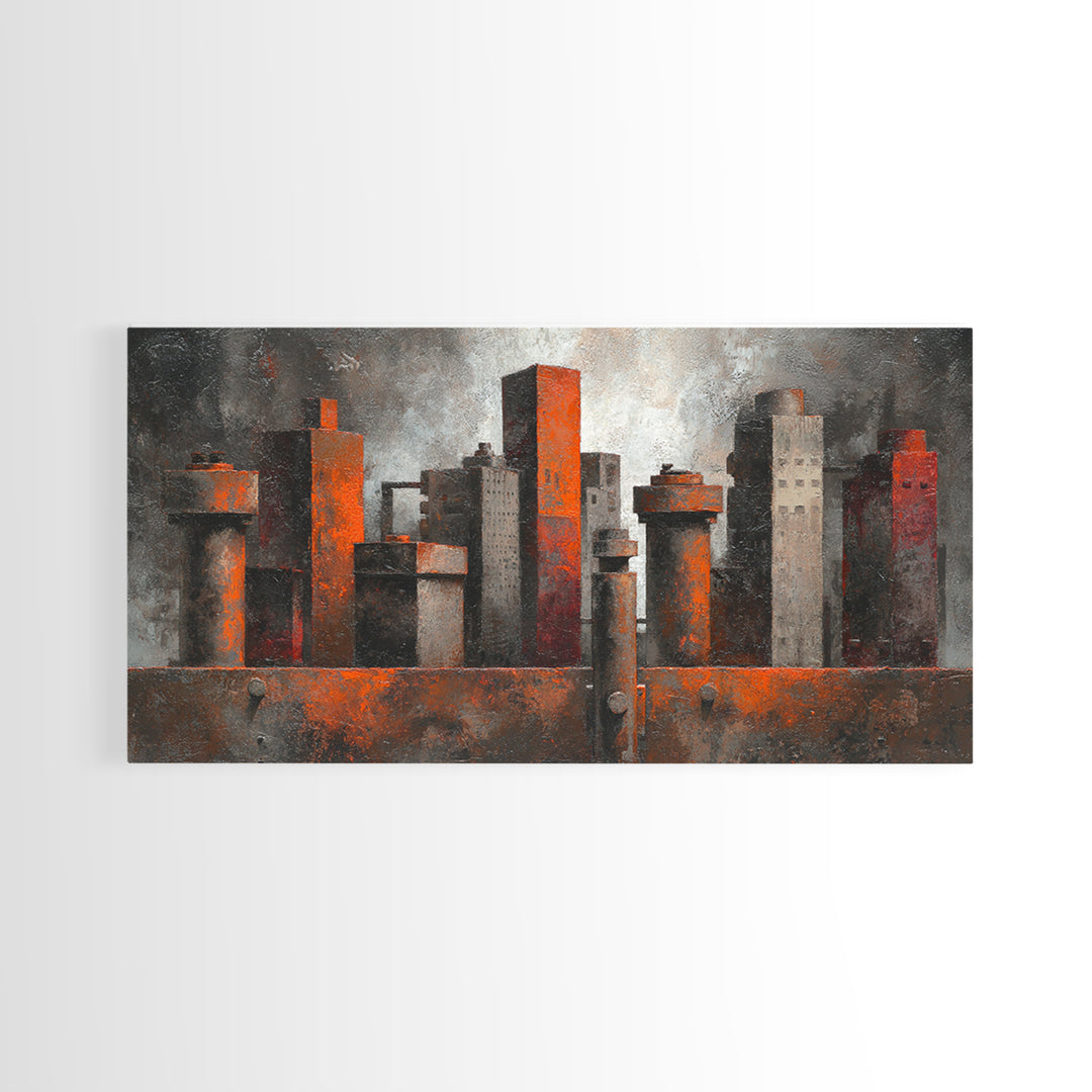Industrial City Skyline Framed Canvas Print, Industrial Art, Luxury Decor, Living Room Decor, Abstract Art, Foundry, Art Print, IND-2x1-8