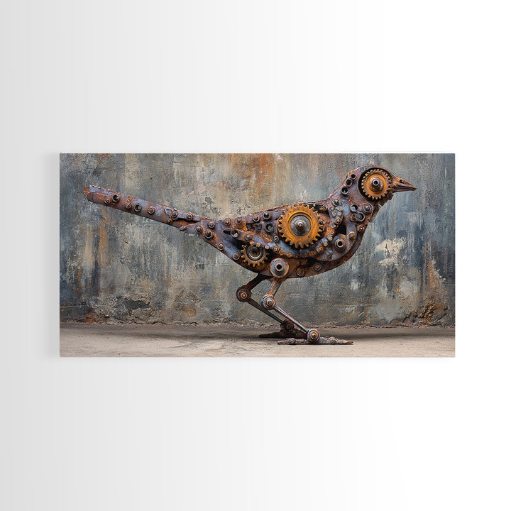 Mechanical Bird Made from Gears Framed Canvas Print, Industrial Art, Contemporary Art, Living Room Decor, Fine Art, Foundry, IND-2x1-87