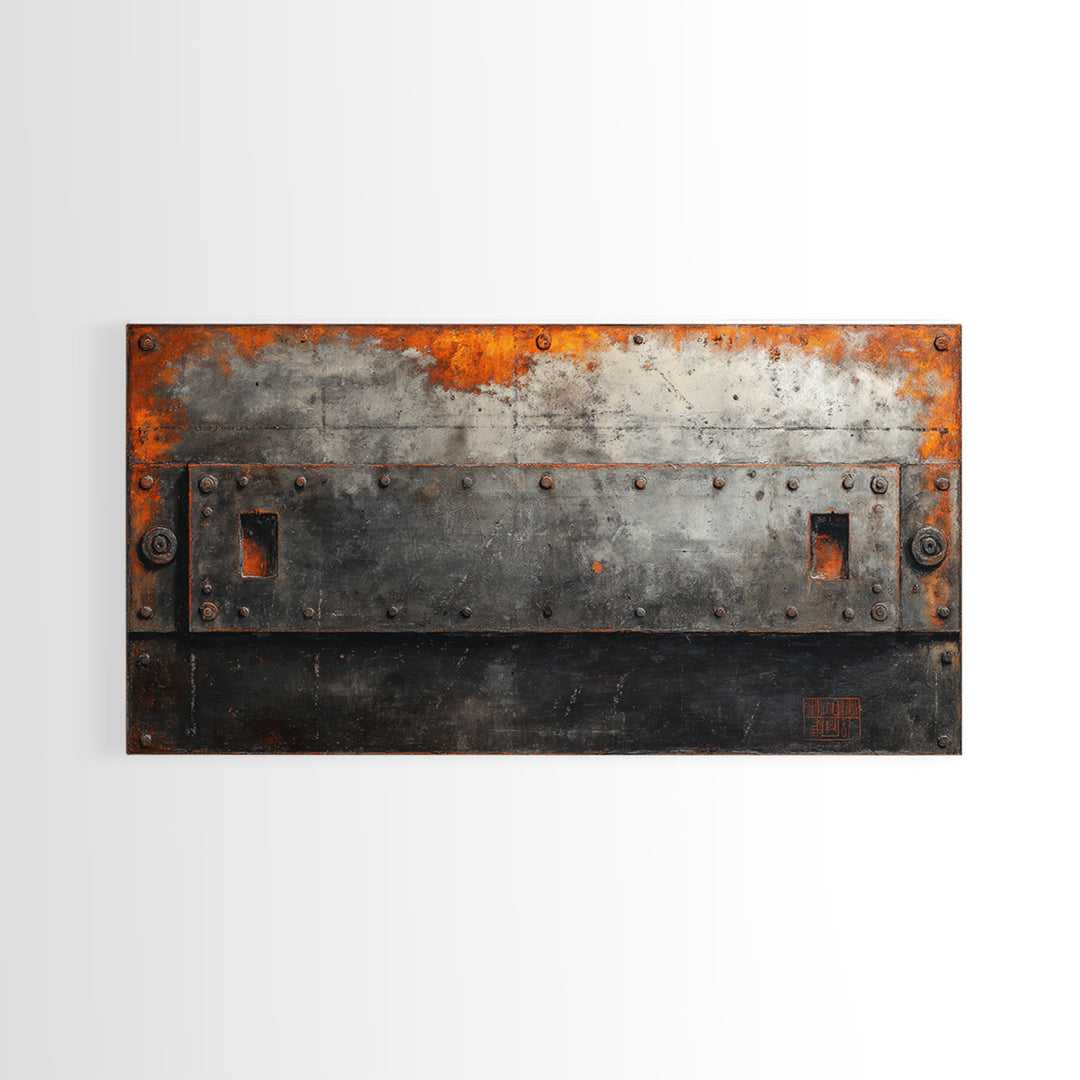 Riveted Metal Panel Texture Study Framed Canvas Print, Industrial Art, Wall Hanging, Living Room Decor, Oil Painting, Foundry, IND-2x1-90