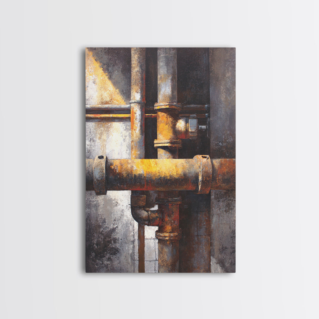 Metal Pipes and Valves as Graphic Composition Canvas Print, Industrial Art, Textured Painting, Living Room Decor, Foundry, IND-2x3-16
