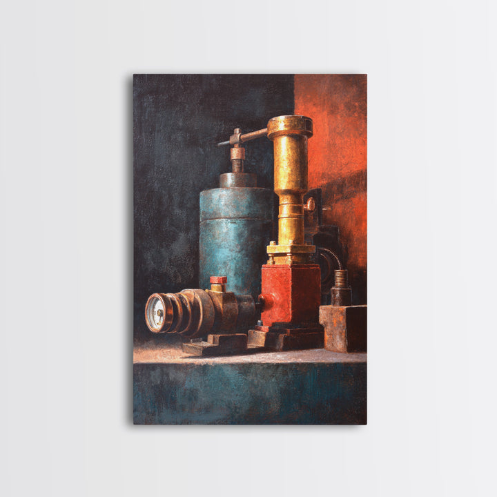 Brass Gauge and Machinery Still Life Framed Canvas Print, Industrial Art, Textured Wall Art, Living Room Decor, Oil Painting, IND-2x3-21