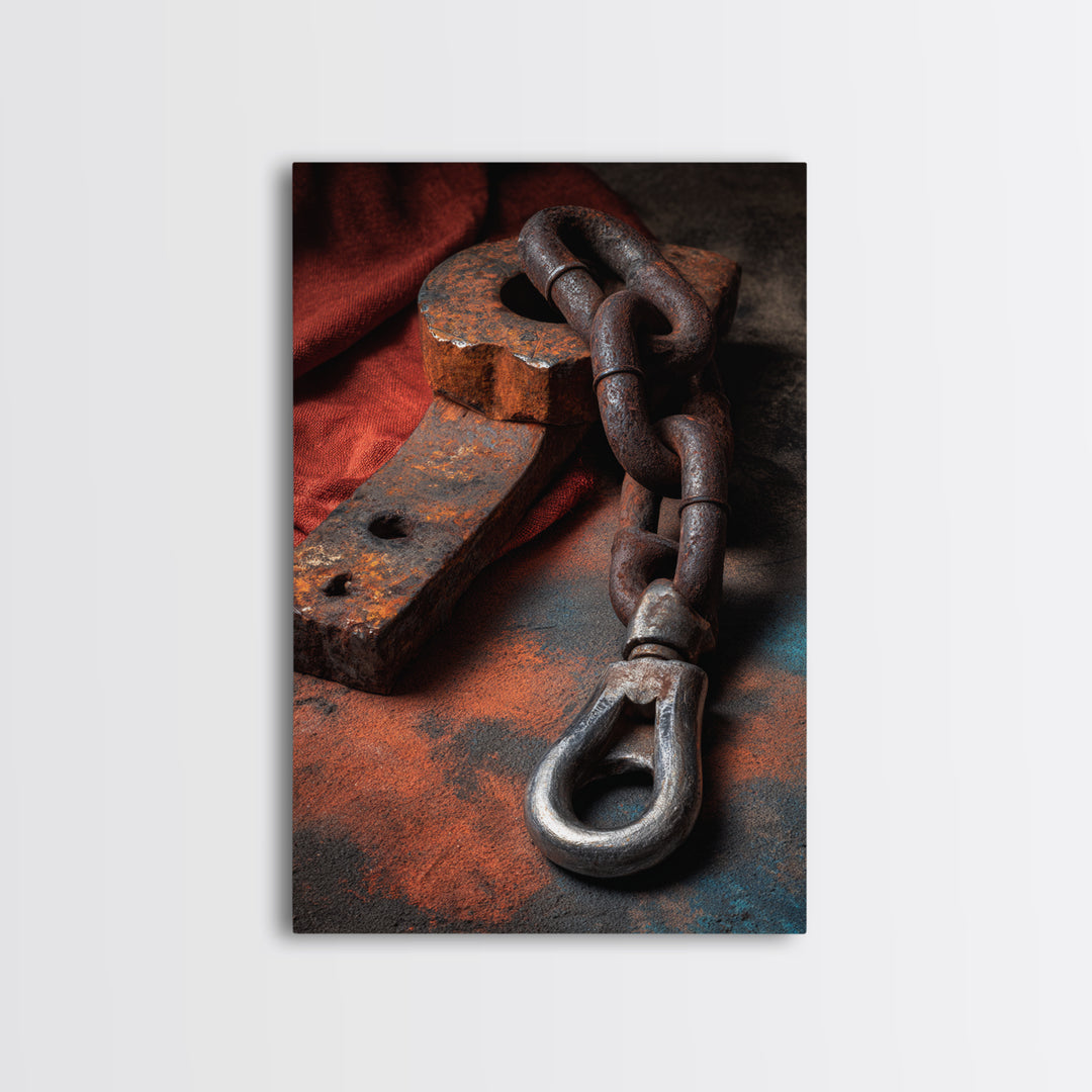 Chain and Hook Still Life Framed Canvas Print, Industrial Art, Minimalist Decor, Living Room Decor, Fine Art, Foundry, IND-2x3-24