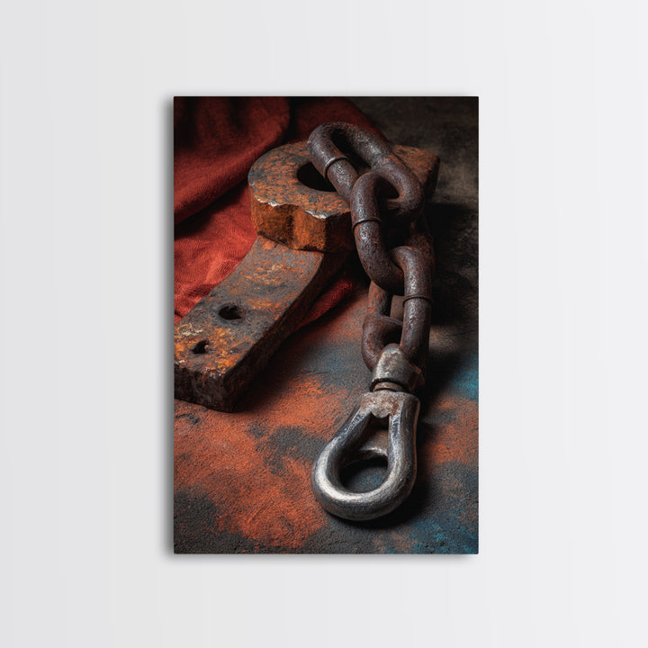 Chain and Hook Still Life Framed Canvas Print, Industrial Art, Minimalist Decor, Living Room Decor, Fine Art, Foundry, IND-2x3-24