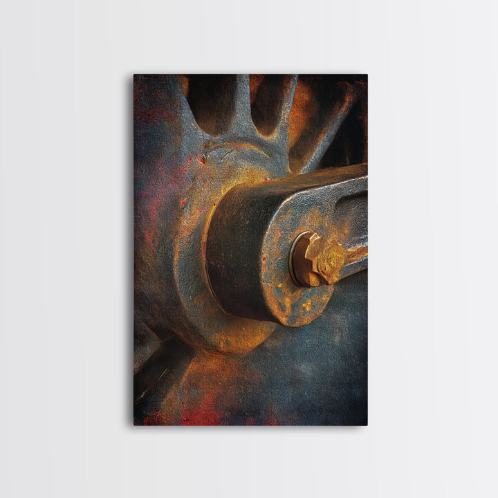 Steam Locomotive Wheel Closeup Framed Canvas Print, Industrial Art, Wall Hanging, Living Room Decor, Fine Art, Foundry, IND-2x3-38