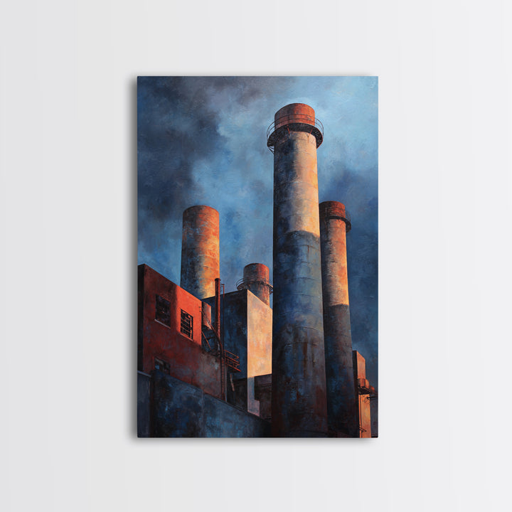 Factory Smokestacks with Moody Sky Framed Canvas Print, Industrial Art, Large Art, Living Room Decor, Fine Art, Foundry, IND-2x3-43