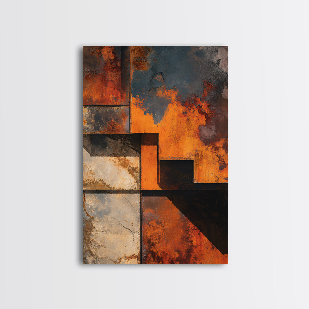 Rust Orange and Charcoal Geometric Abstraction Framed Canvas Print, Industrial Art, Art Print, Living Room Decor, Foundry, IND-2x3-46