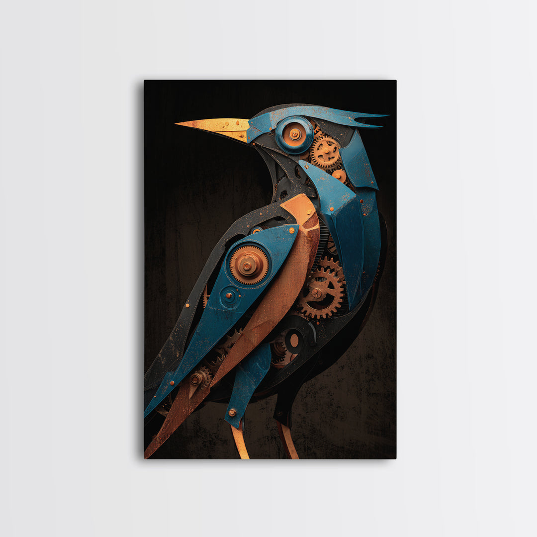 Mechanical Bird Made from Gears Framed Canvas Print, Industrial Art, Metal Art, Living Room Decor, Oil Painting, Foundry, IND-2x3-51