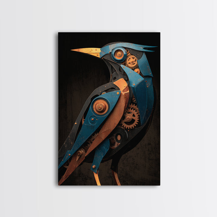 Mechanical Bird Made from Gears Framed Canvas Print, Industrial Art, Metal Art, Living Room Decor, Oil Painting, Foundry, IND-2x3-51