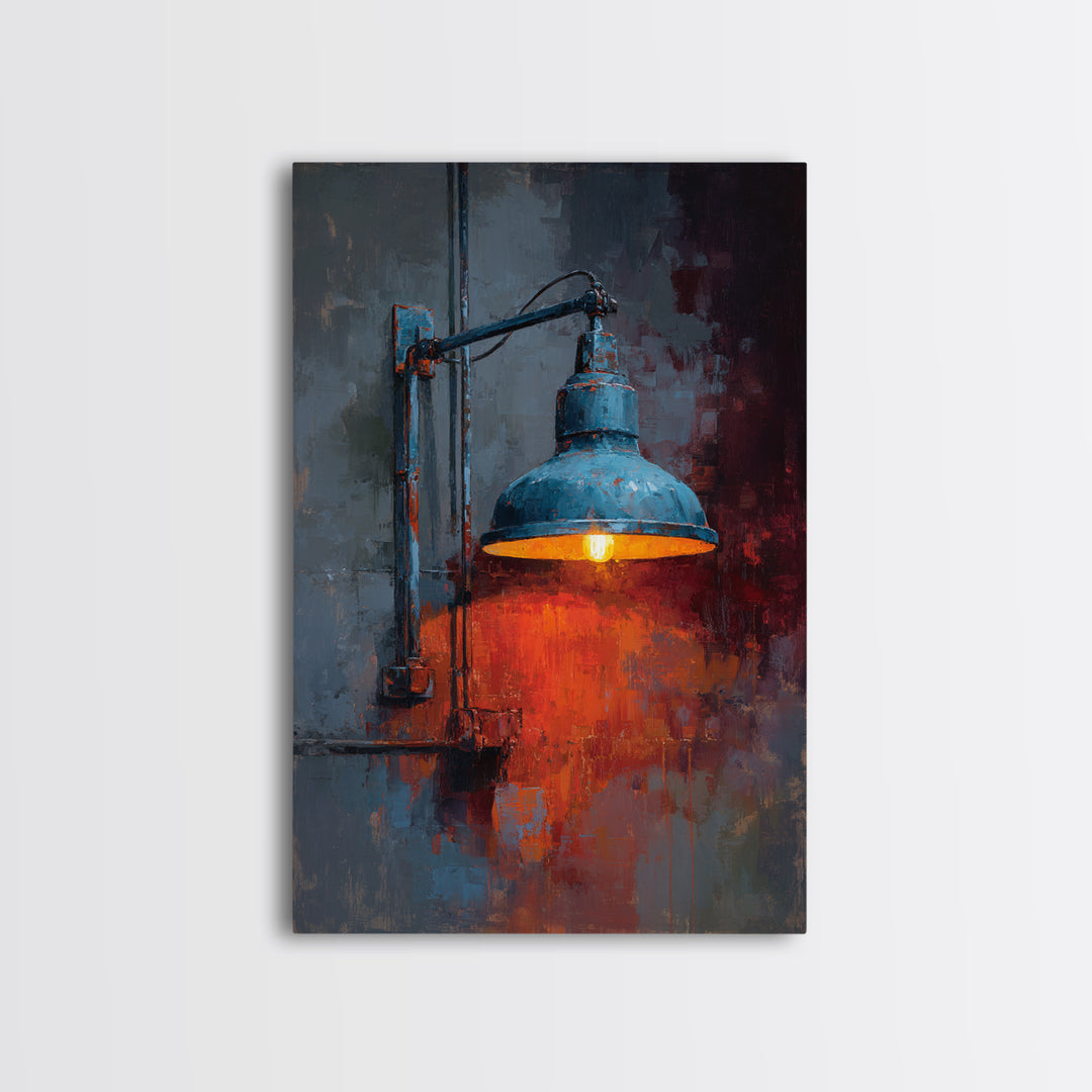 Industrial Lamp with Warm Glow Framed Canvas Print, Industrial Art, Abstract Painting, Living Room Decor, Fine Art, Foundry, IND-2x3-55