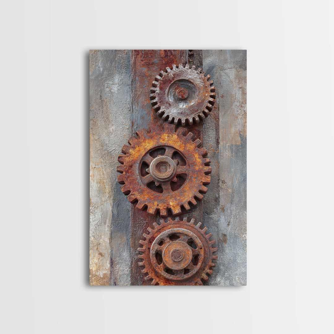 Rusted Gears Arranged as Sculptural Still Life Canvas Print, Industrial Art, Black and White Art, Living Room Decor, Foundry, IND-2x3-57