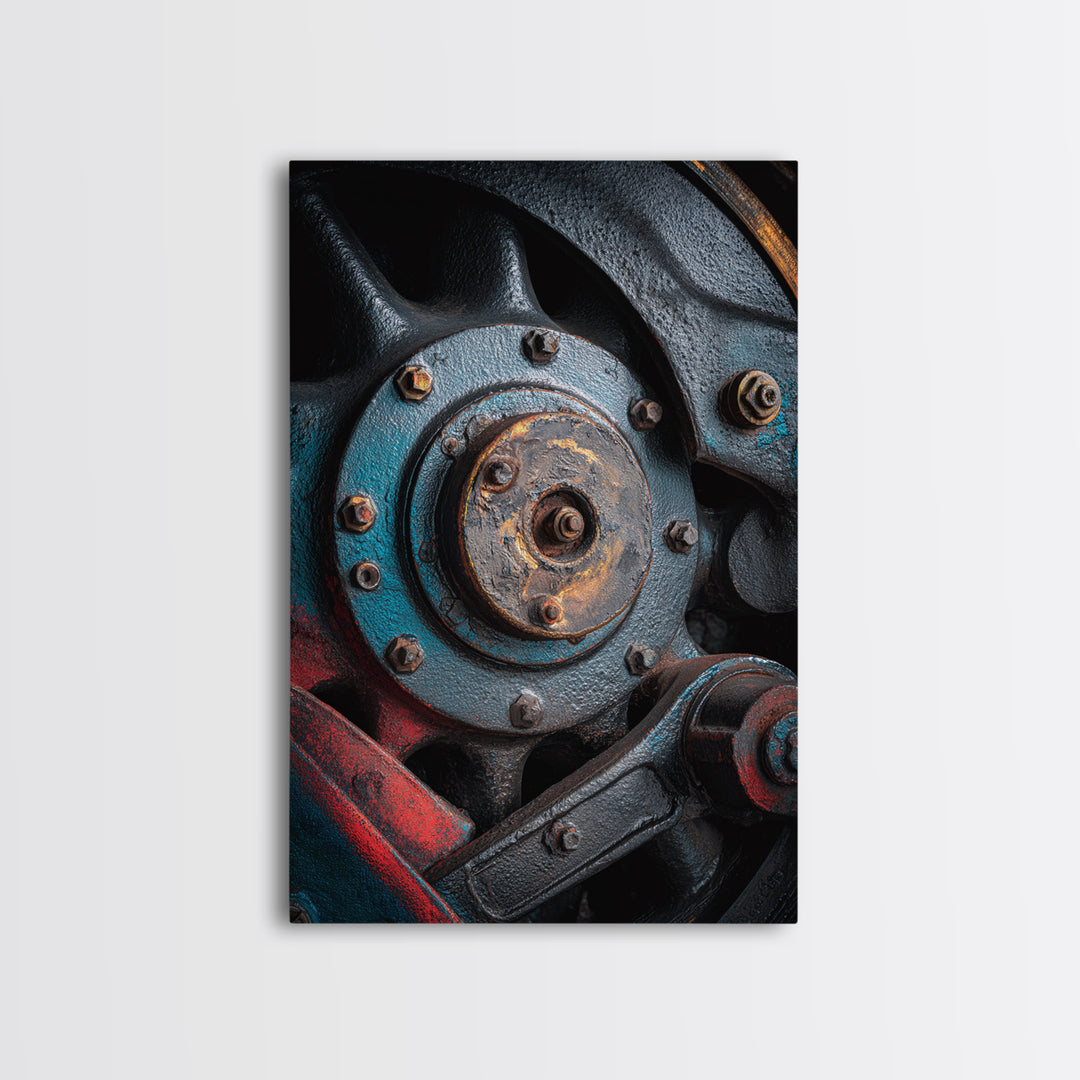Steam Locomotive Wheel Closeup Canvas Print, Industrial Art, Black and White Wall Art, Living Room Decor, Abstract Art, Foundry, IND-2x3-62