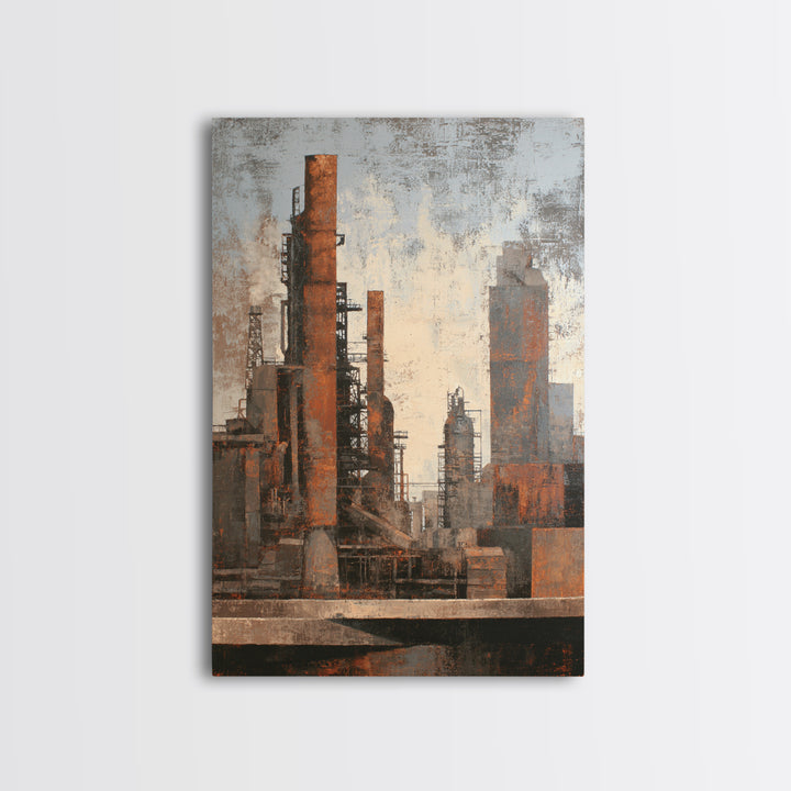 Industrial City Skyline Framed Canvas Print, Industrial Art, Contemporary Art, Living Room Decor, Fine Art, Foundry, IND-2x3-68