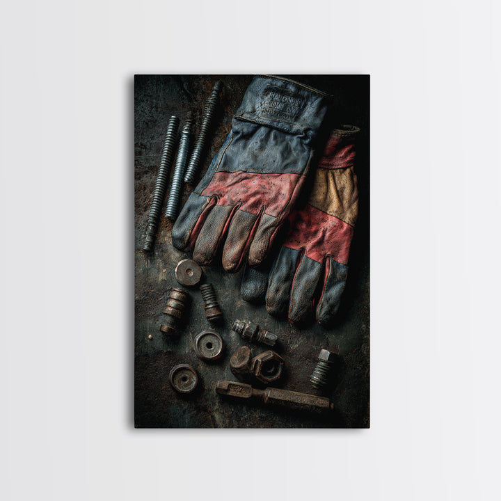 Worn Work Gloves and Bolts Arrangement Canvas Print, Industrial Art, Textured Wall Art, Living Room Decor, Foundry, IND-2x3-74