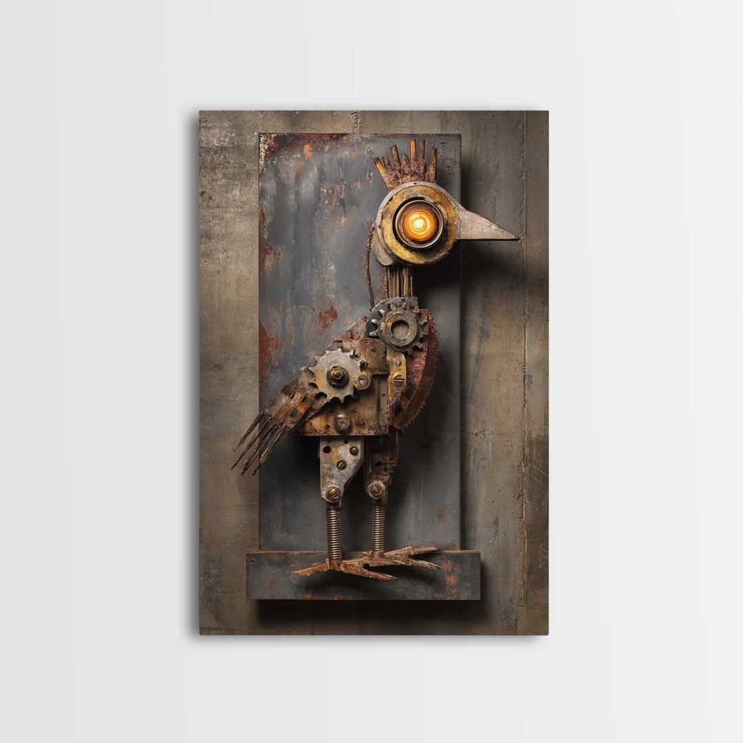 Mechanical Bird Made from Gears Framed Canvas Print, Industrial Art, Texas Art, Living Room Decor, Fine Art, Foundry, IND-2x3-75