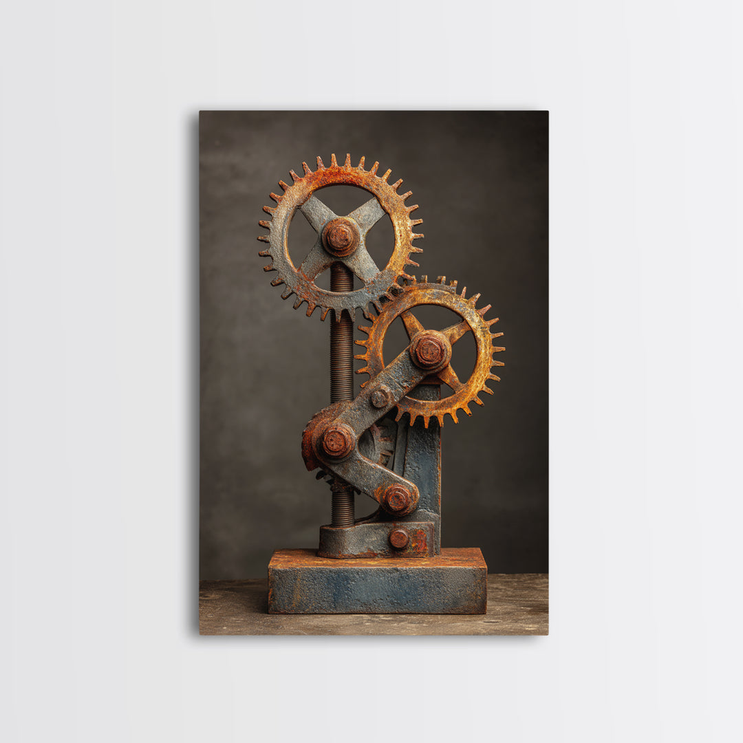 Rusted Gears Arranged as Sculptural Still Life Canvas Print, Industrial Art, Black and White Art, Living Room Decor, Foundry, IND-2x3-81