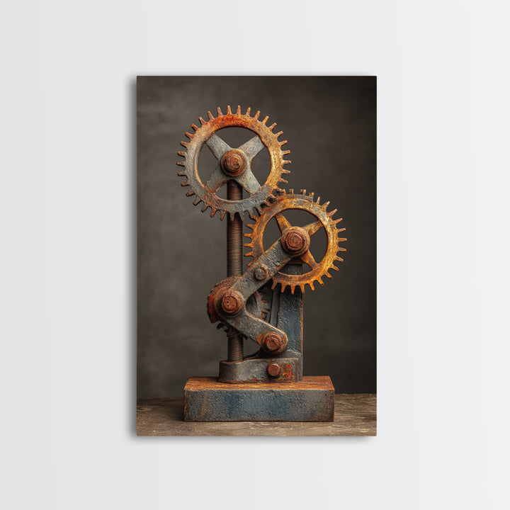 Rusted Gears Arranged as Sculptural Still Life Canvas Print, Industrial Art, Black and White Art, Living Room Decor, Foundry, IND-2x3-81