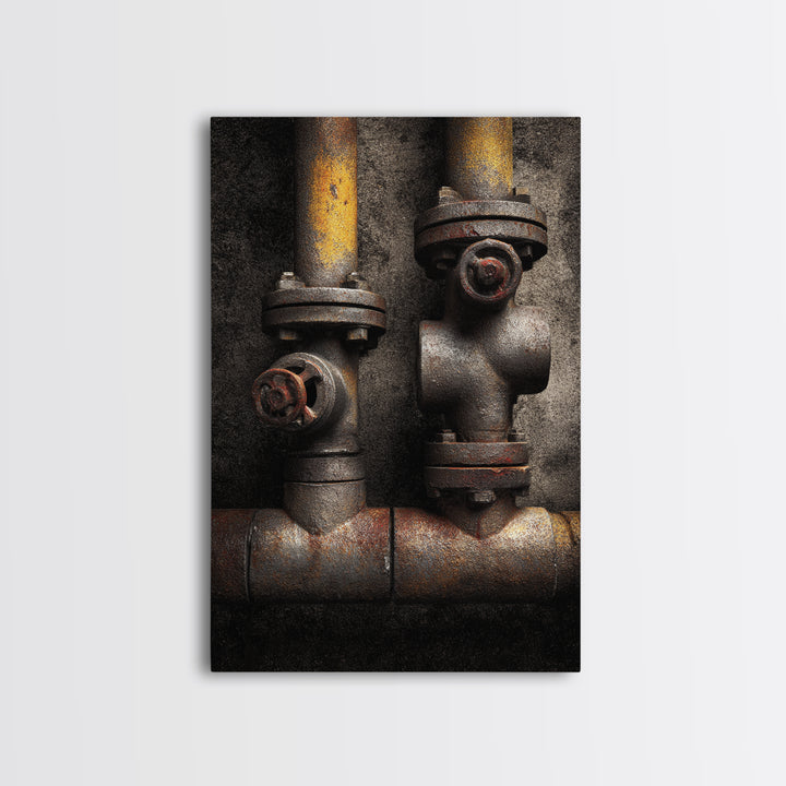 Metal Pipes and Valves as Graphic Composition Framed Canvas Print, Industrial Art, Bauhaus Poster, Living Room Decor, Foundry, IND-2x3-88