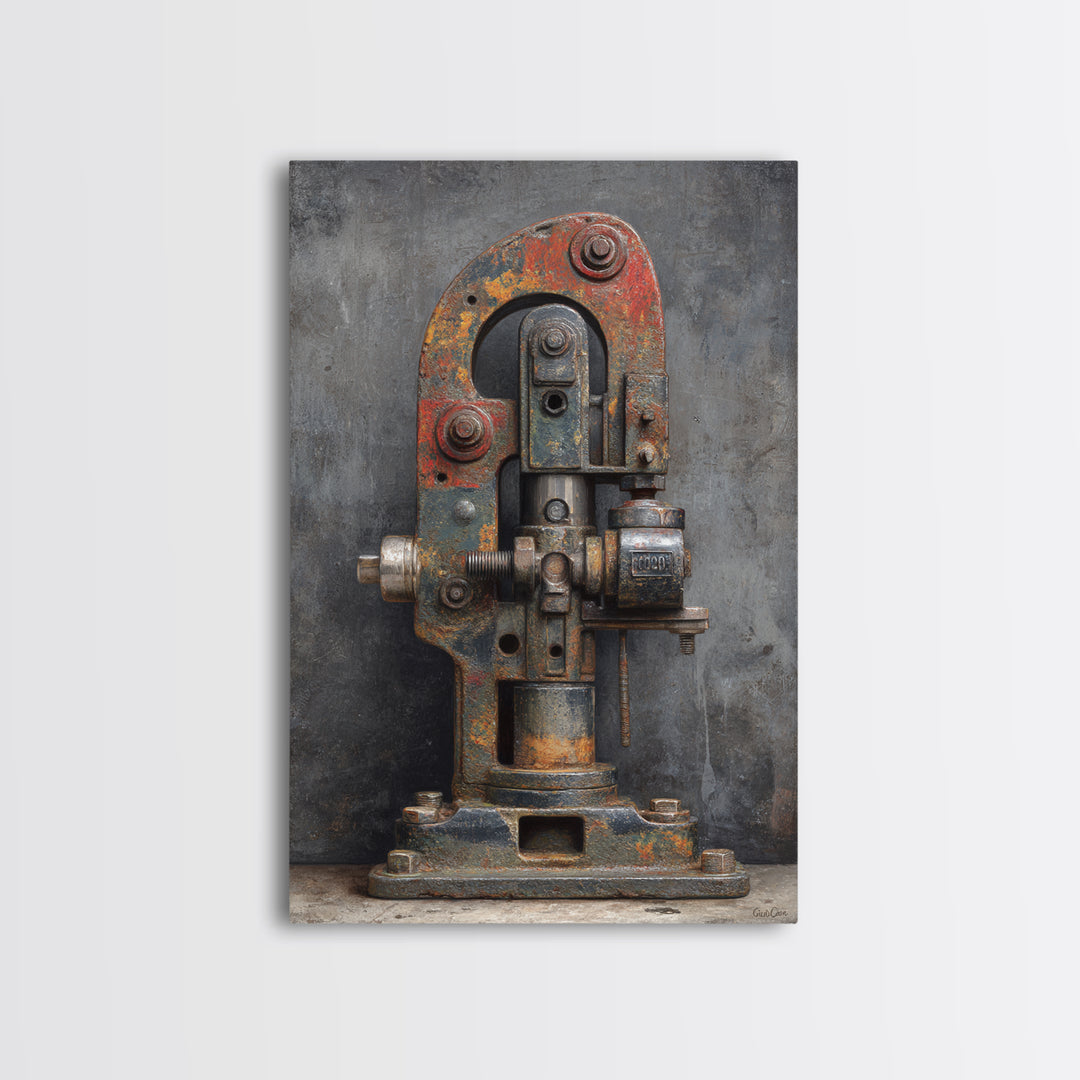 Brass Gauge and Machinery Still Life Framed Canvas Print, Industrial Art, Bauhaus Poster, Living Room Decor, Fine Art, Foundry, IND-2x3-93