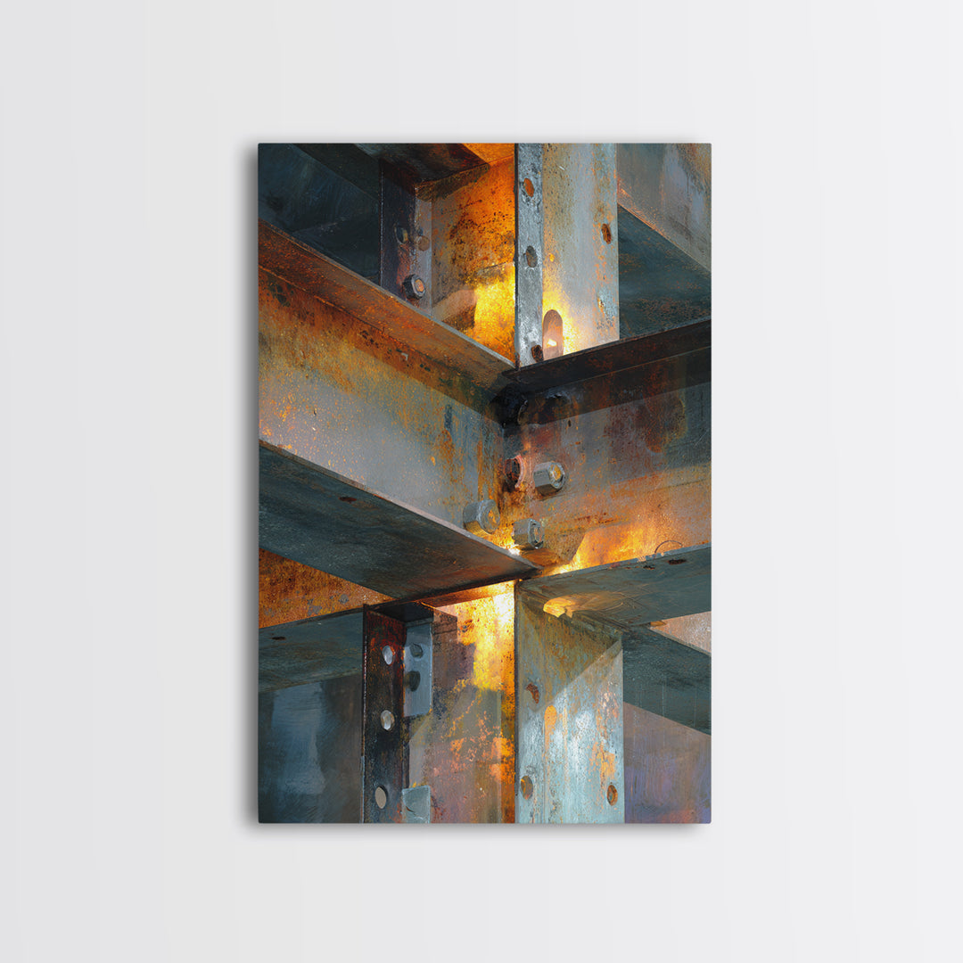 Steel Beams Crossing Like Abstract Lines Framed Canvas Print, Industrial Art, Living Room Decor, Abstract Art, Foundry, IND-2x3-97