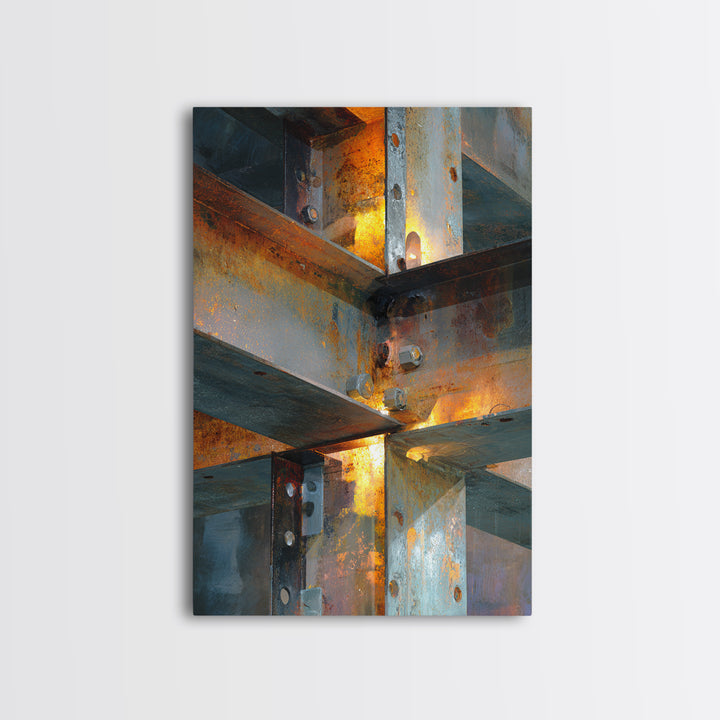 Steel Beams Crossing Like Abstract Lines Framed Canvas Print, Industrial Art, Living Room Decor, Abstract Art, Foundry, IND-2x3-97