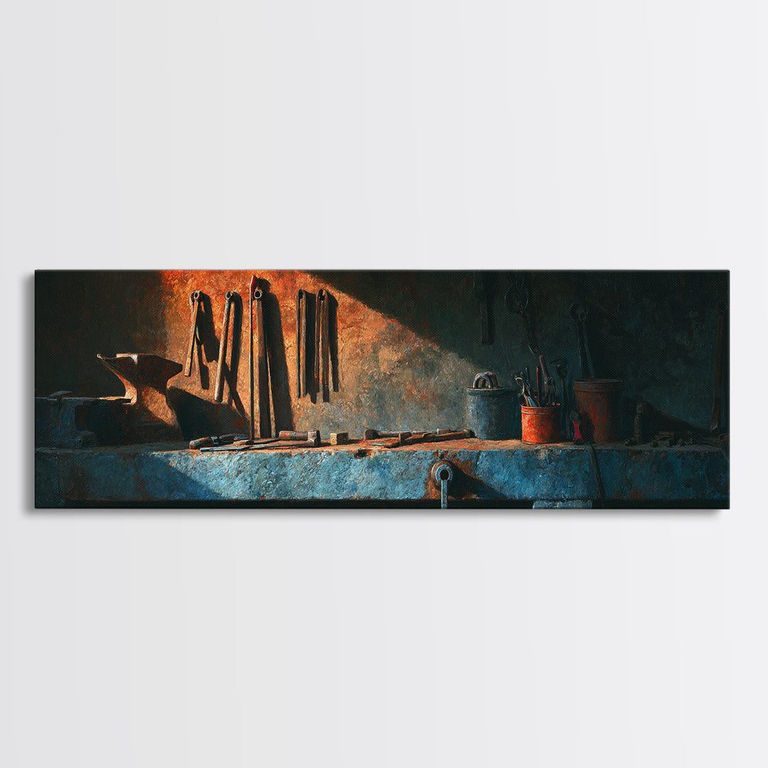Blacksmith Tools on Dark Workbench Framed Canvas Print, Industrial Art, Textured Wall Art, Living Room Decor, Fine Art, Foundry, IND-3x1-2