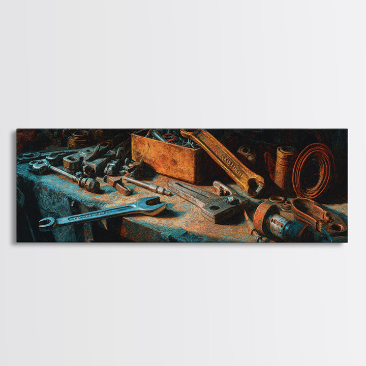 Copper Wire Coil and Tools Composition Canvas Print, Industrial Art, Neutral Decor, Living Room Decor, Fine Art, Foundry, IND-3x1-36