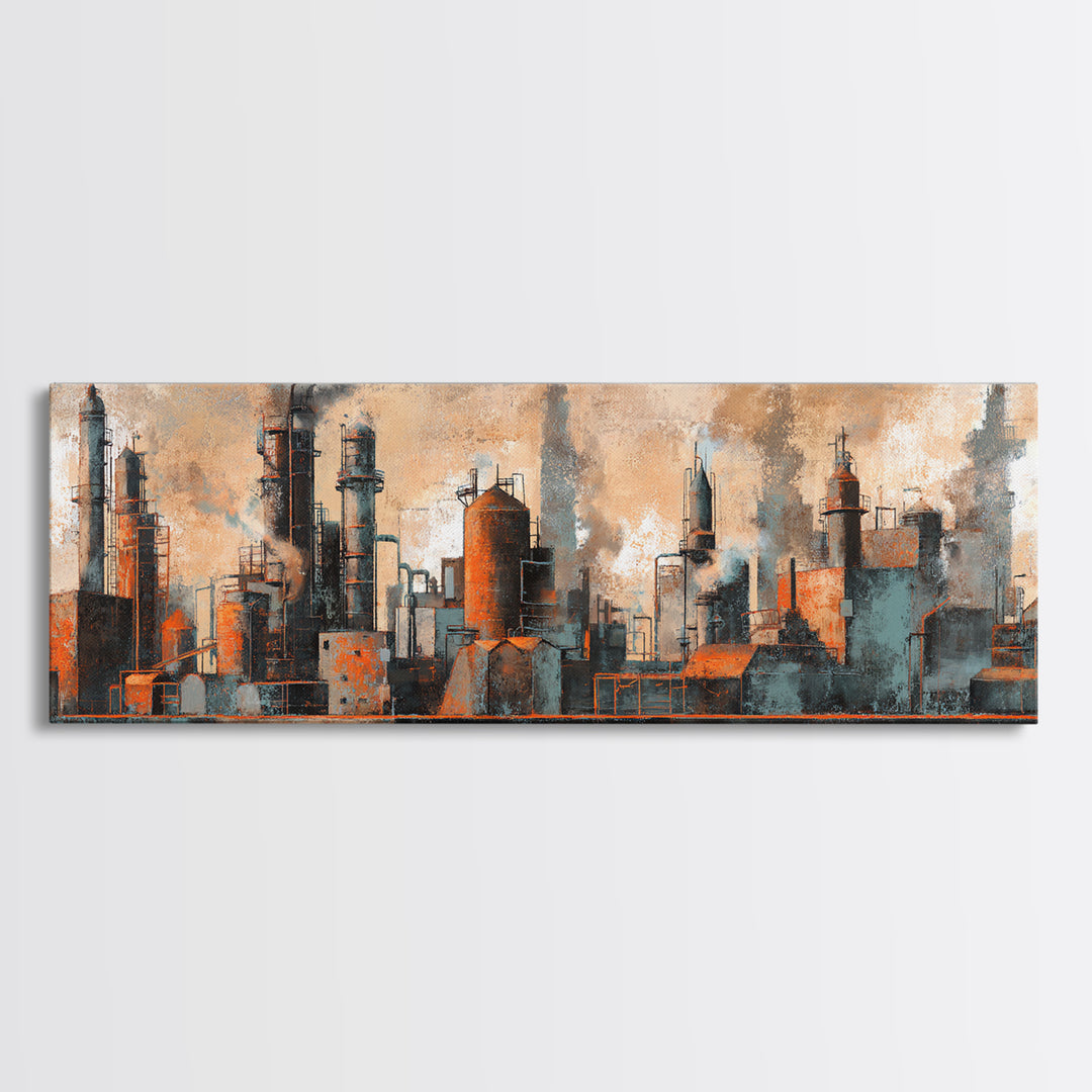 Industrial City Skyline Canvas Print, Industrial Art, Rustic Home Decor, Living Room Decor, Abstract Art, Foundry, IND-3x1-4