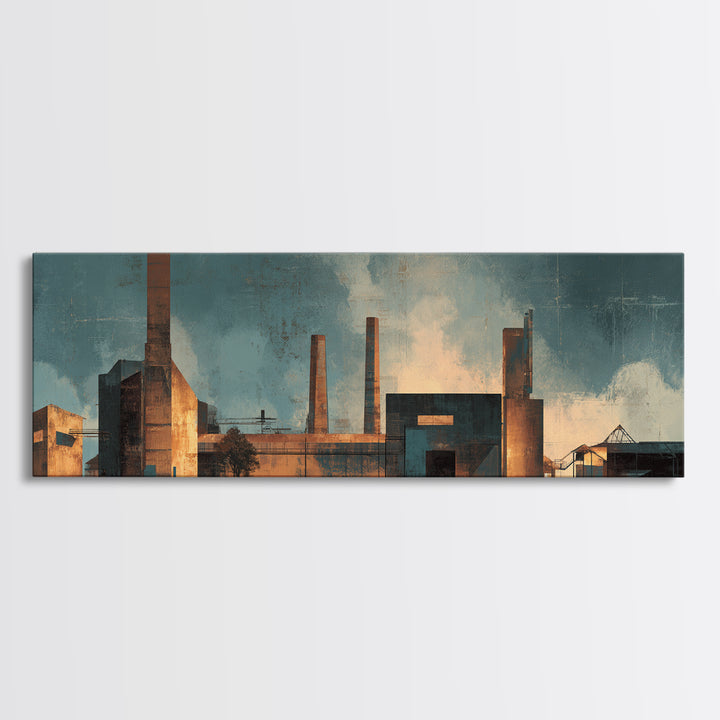 Factory Smokestacks with Moody Sky Framed Canvas Print, Industrial Art, Wall Hanging, Living Room Decor, Fine Art, Foundry, IND-3x1-51