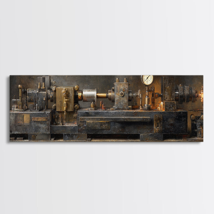 Brass Gauge and Machinery Still Life Framed Canvas Print, Industrial Art, Fine Art Print, Living Room Decor, Fine Art, Foundry, IND-3x1-53